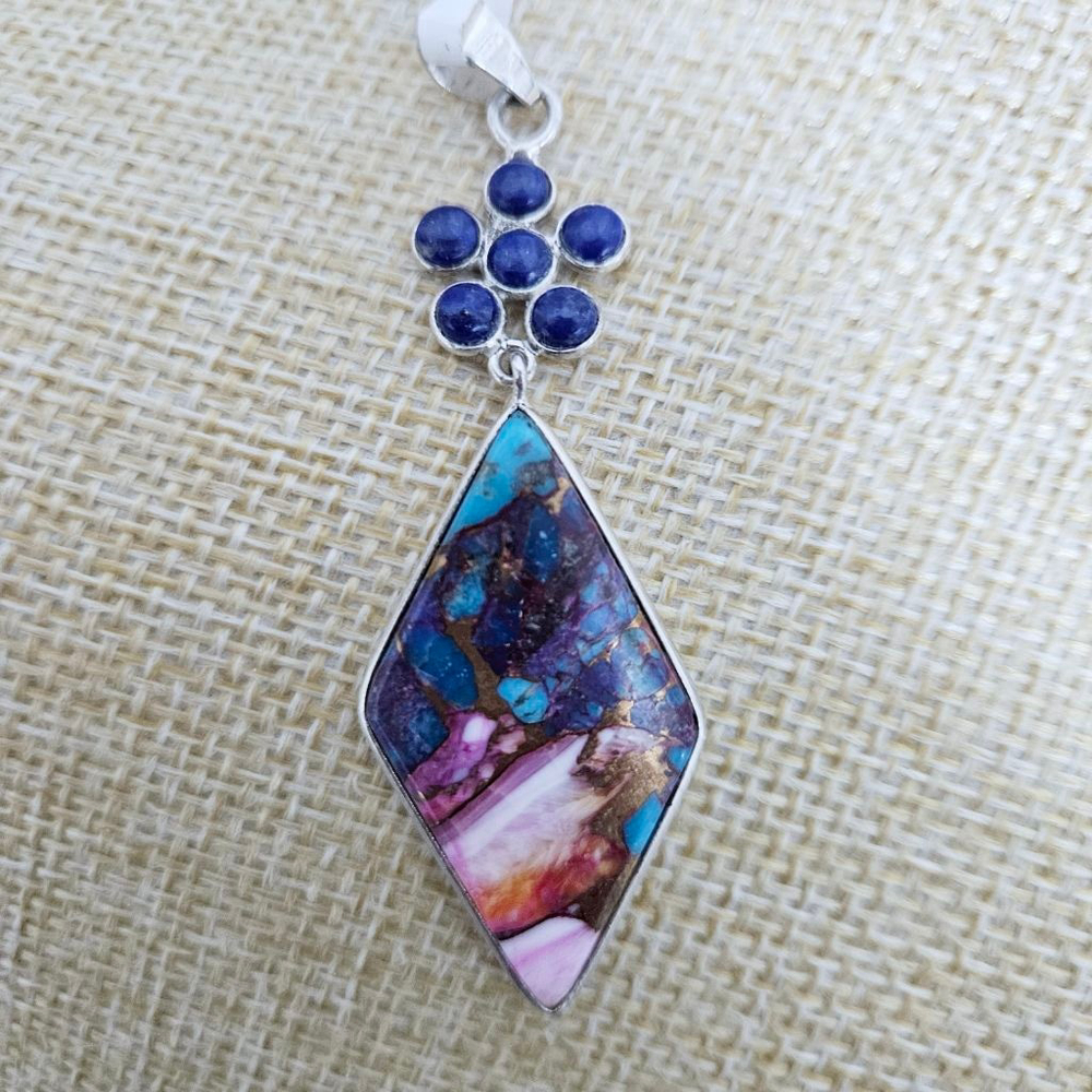 .925 Sterling Silver Spiny Oyster Copper Turquoise/Lapis Handmade Pendant